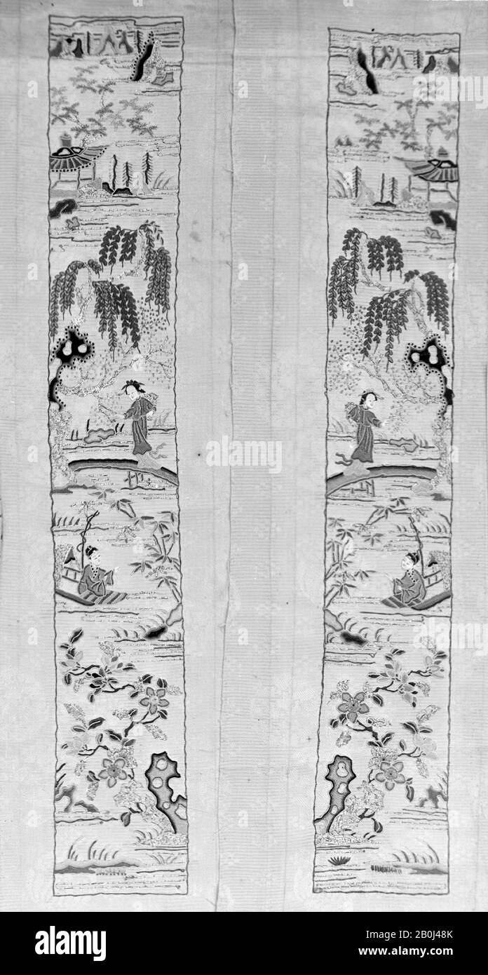 Sleeve Band, Cina, dinastia Qing (1644–1911), Data 19th secolo, Cina, seta, filo metallico; su seta, 44 1/4 x 6 1/2 in. (112,40 x 16,51 cm), tessile-Ricamato Foto Stock