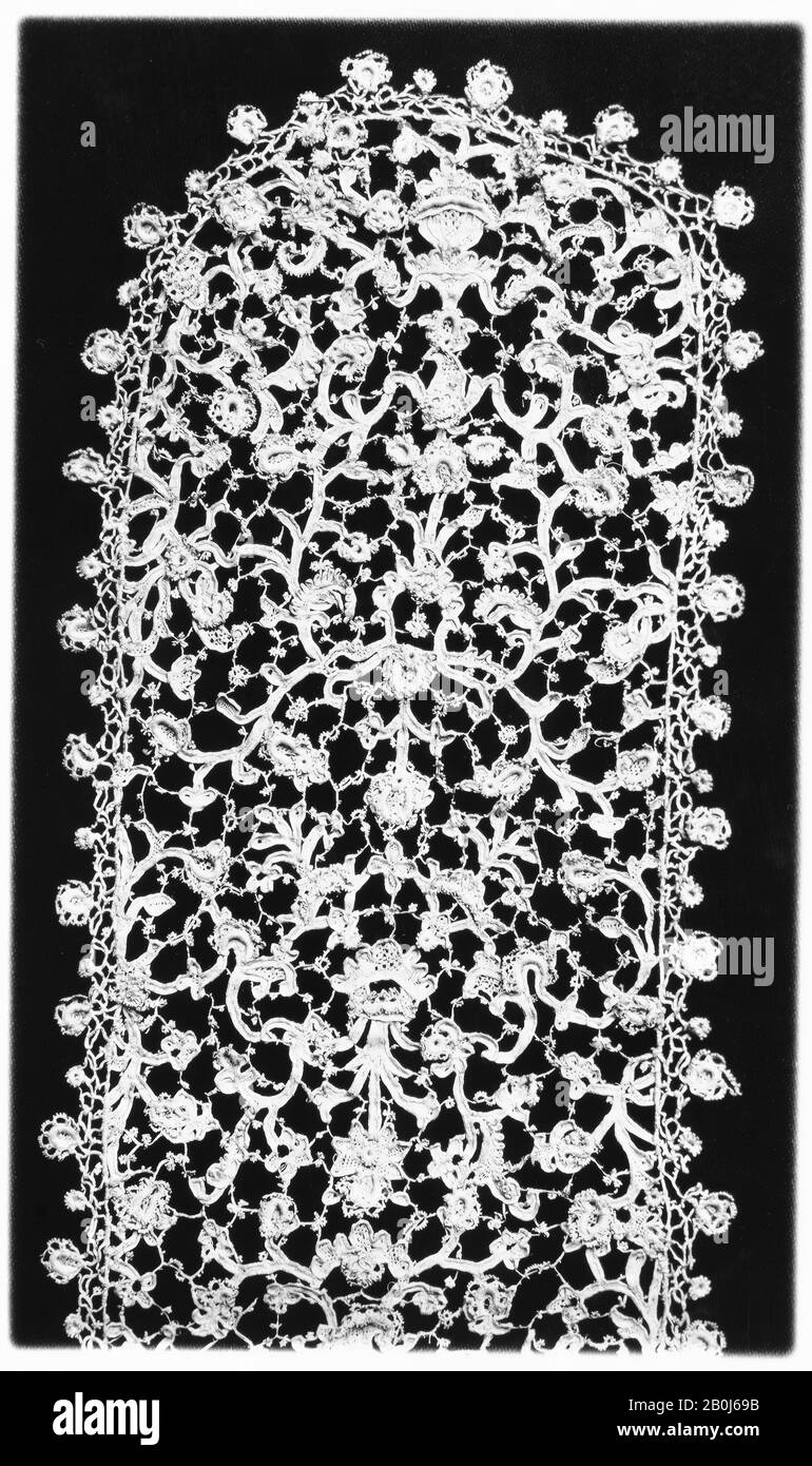 Barbe, italiano, inizio 18th secolo, italiano, merletto ad ago, L. 36 x W. 4 1/2 pollici, 91,4 x 11,4 cm, Textiles-Laces Foto Stock