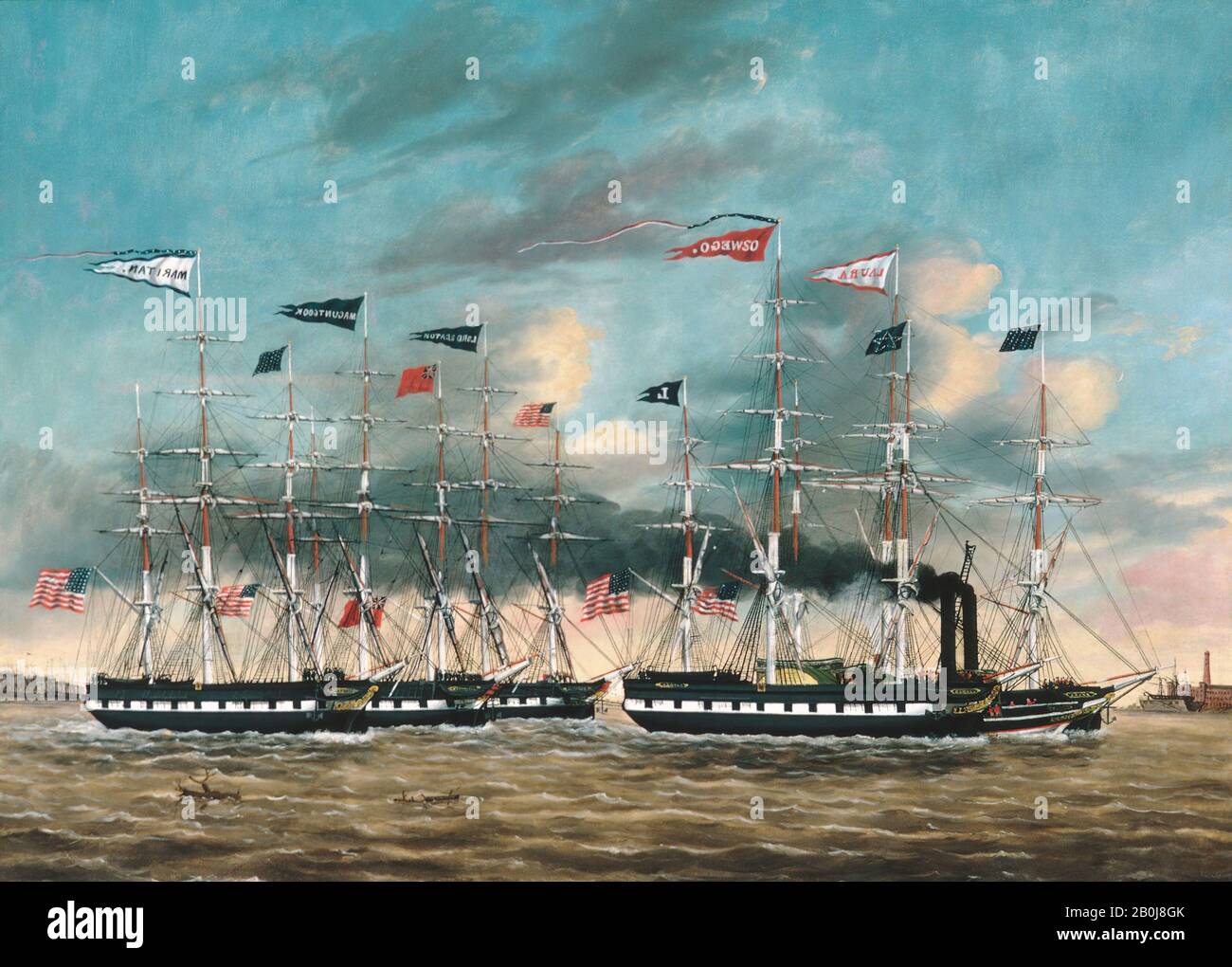 James Guy Evans, The Tow Boat Conqueror, Americano, James Guy Evans (Ca Attiva. 1835–60), 1852, cucina americana, olio su tela, 39 1/2 x 50 pollici (100,3 x 127 cm), Dipinti Foto Stock