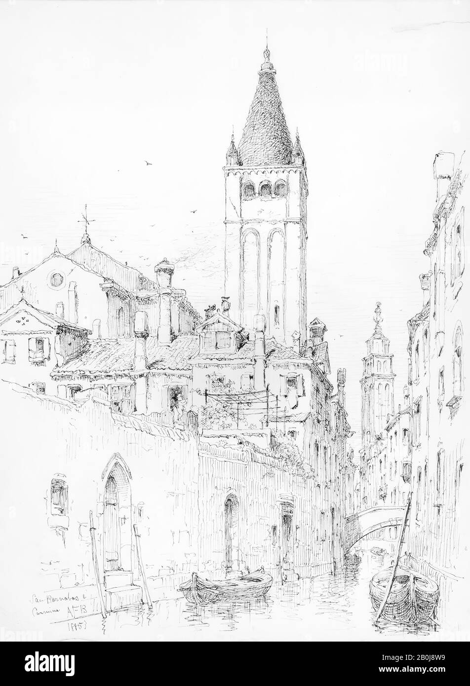 Andrew Fisher Bunner, San Barnaba e Carmine, Venezia, American, Andrew Fisher Bunner (1841–1897), 1885, tracce di inchiostro americano, nero e grafite su carta straccia bianca, 12 5/16 x 9 5/16 in. (31,3 x 23,7 cm), Disegni Foto Stock