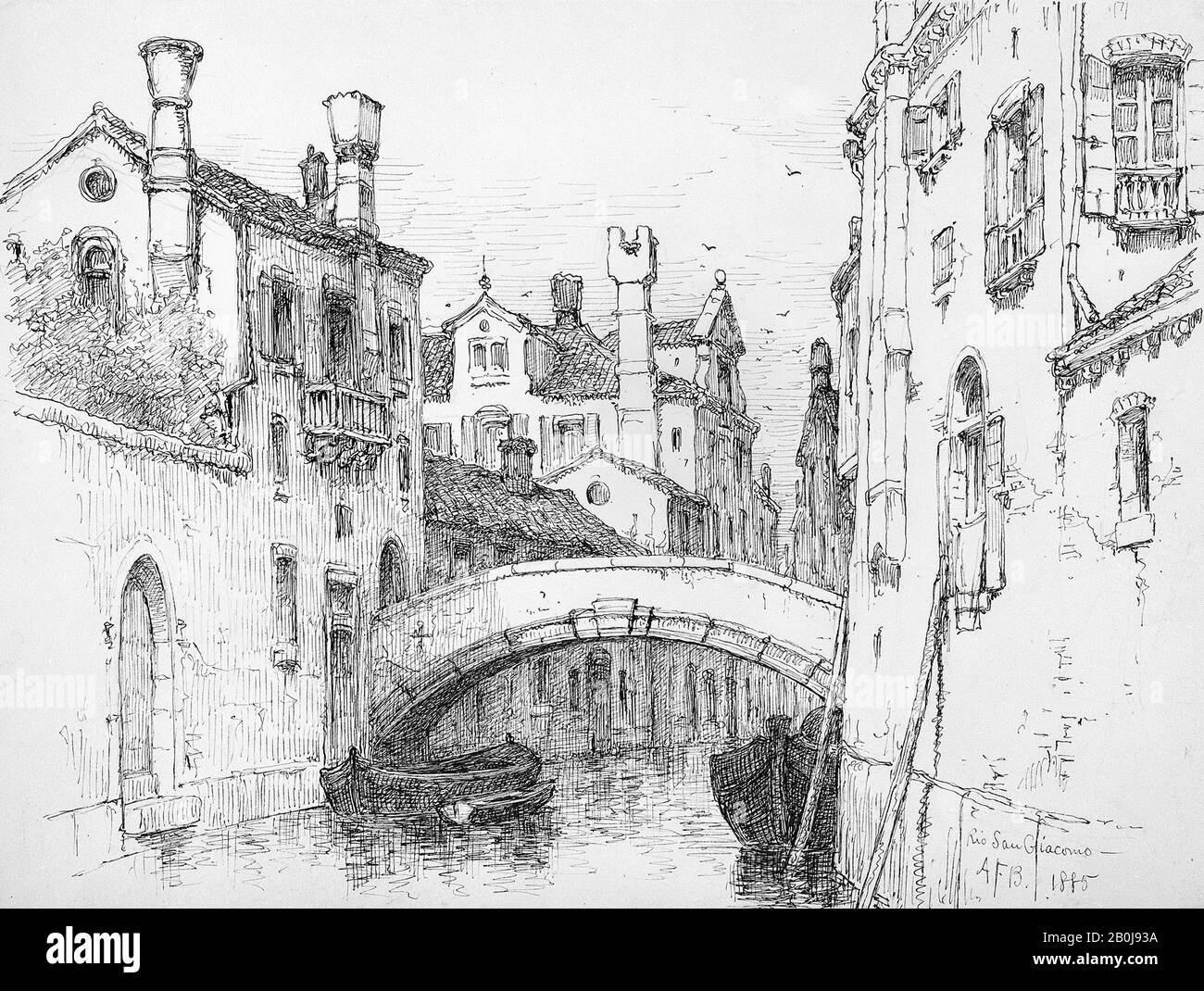 Andrew Fisher Bunner, Rio San Giacomo, Venezia, American, Andrew Fisher Bunner (1841–1897), 1885, tracce di inchiostro e grafite americano, nero su carta wove bianca, 9 5/16 x 12 3/8 in. (23,7 x 31,4 cm), Disegni Foto Stock
