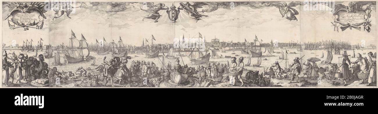 Claes Jansz. Visscher, una vista di Amsterdam dalla sponda nord della IJ, Claes Jansz. Visscher (Olandese, Amsterdam 1586–1652 Amsterdam), Pieter Bast (Olandese, Ca. 1570–before 1605), 1611, Incisione e Incisione su quattro fogli congiunti, foglio: 10 1/16 × 44 1/8 in. (25,5 × 112 cm), stampe Foto Stock