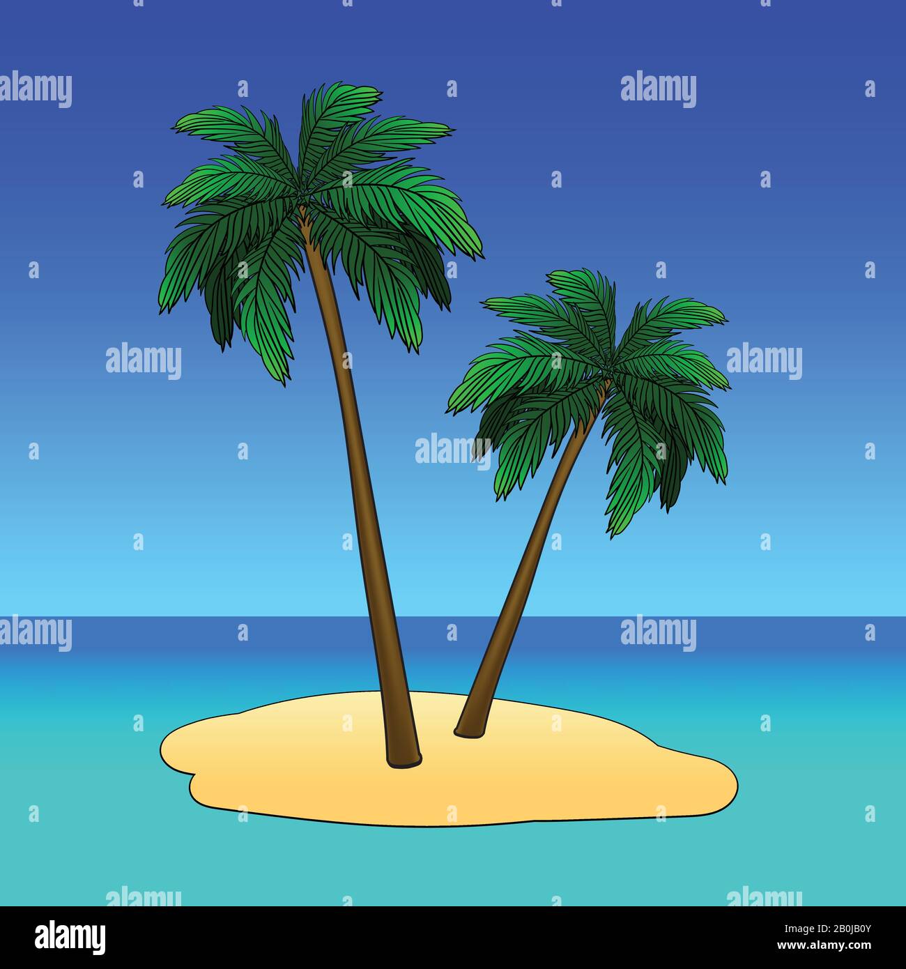 Spiaggia chaise longue sotto la palma. Vacanze estive in tropici. Illustrazione del vettore cartoon Illustrazione Vettoriale