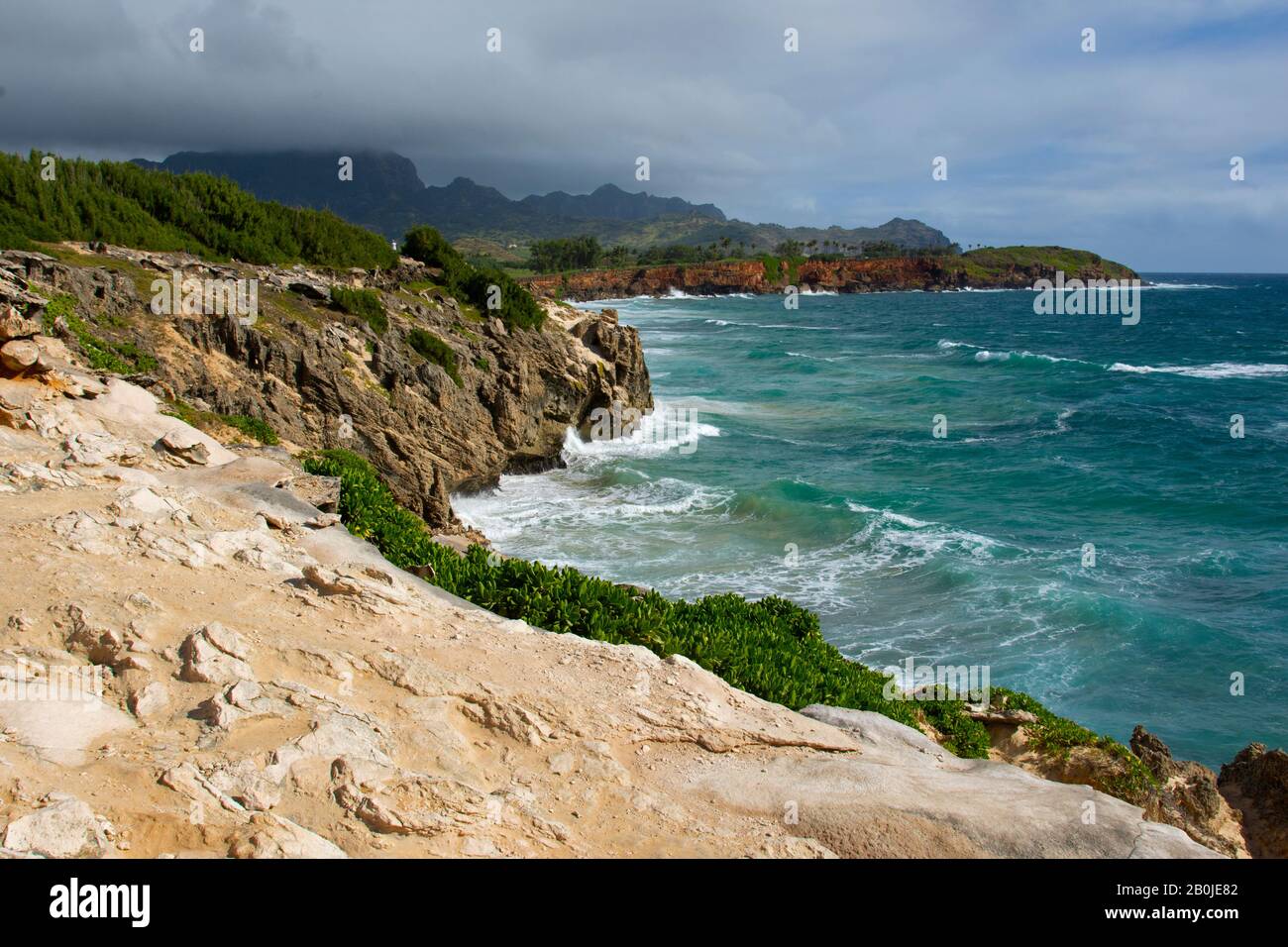 Vista sulla costa al Mahaulepu Heritage Trail, Kauai, Hawaii, USA Foto Stock