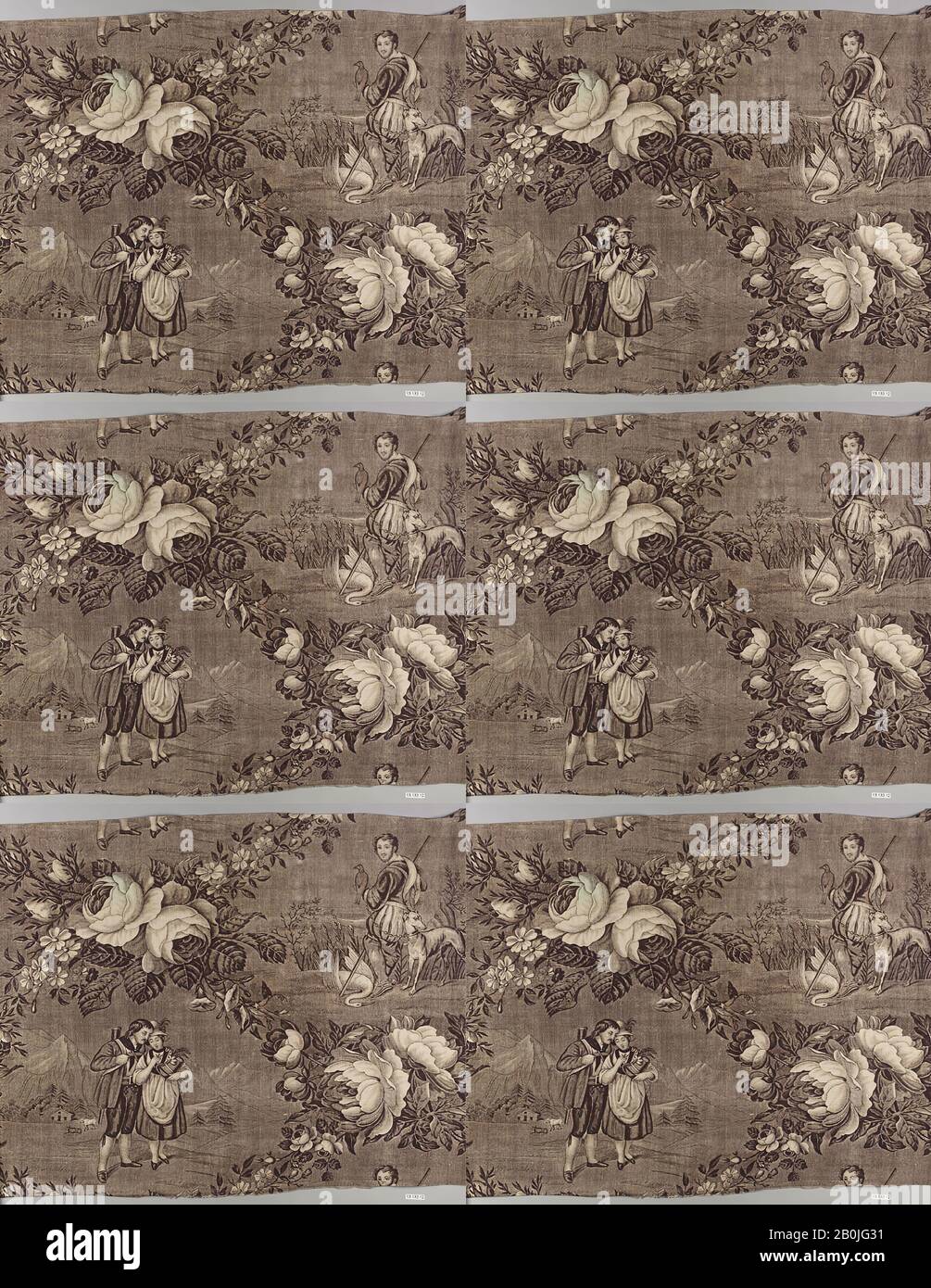 Stampa pittorica, francese, Alsazia, 1825–30, francese, Alsazia, cotone, L. 18 x W. 35 pollici, 45,7 x 88,9 cm, Textiles-Printed Foto Stock