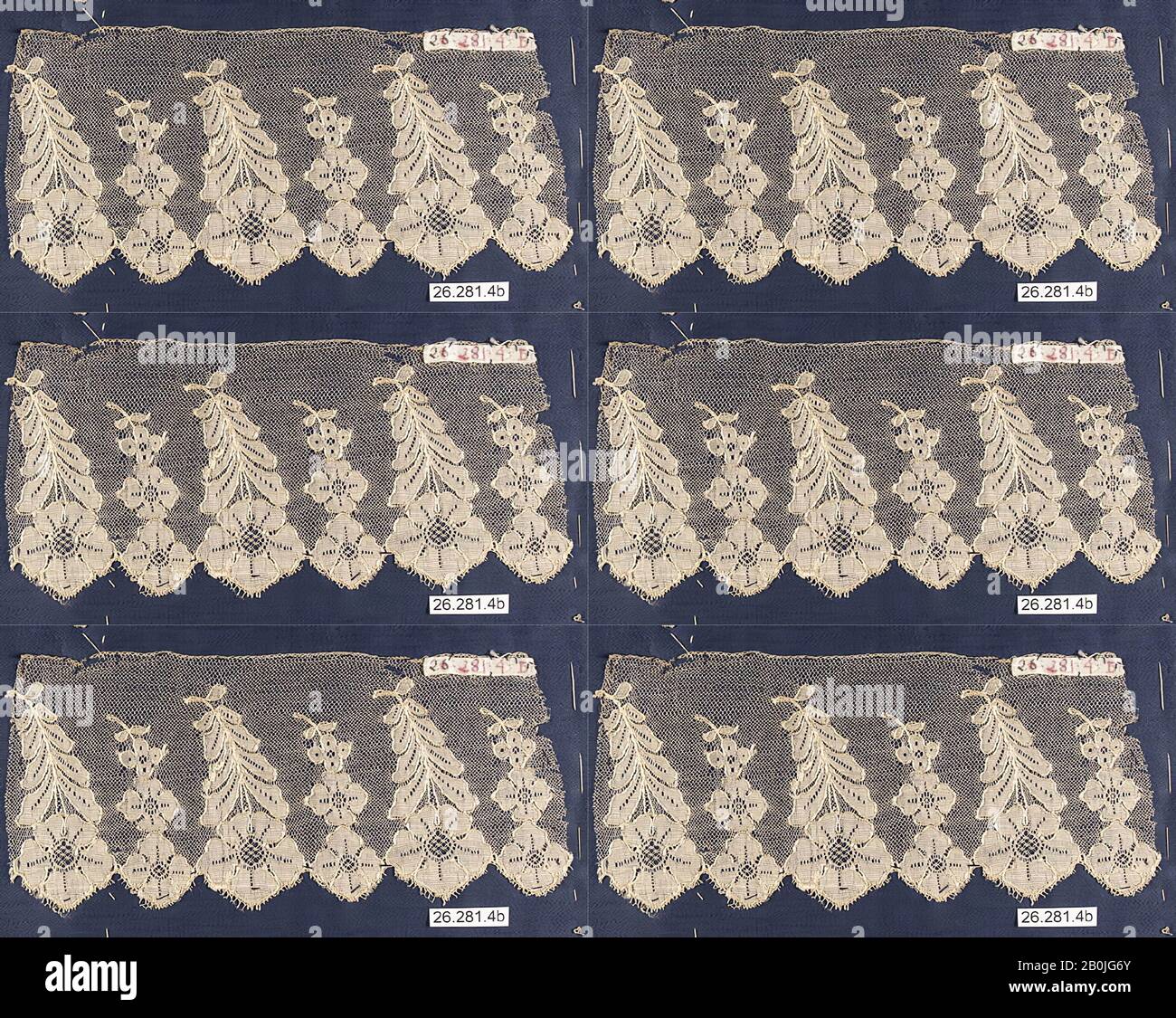 Strip, British, inizio 19th secolo, British, Seta, pizzo a macchina, 3 × 7 pollici. (7,6 × 17,8 cm), Textiles-Laces Foto Stock
