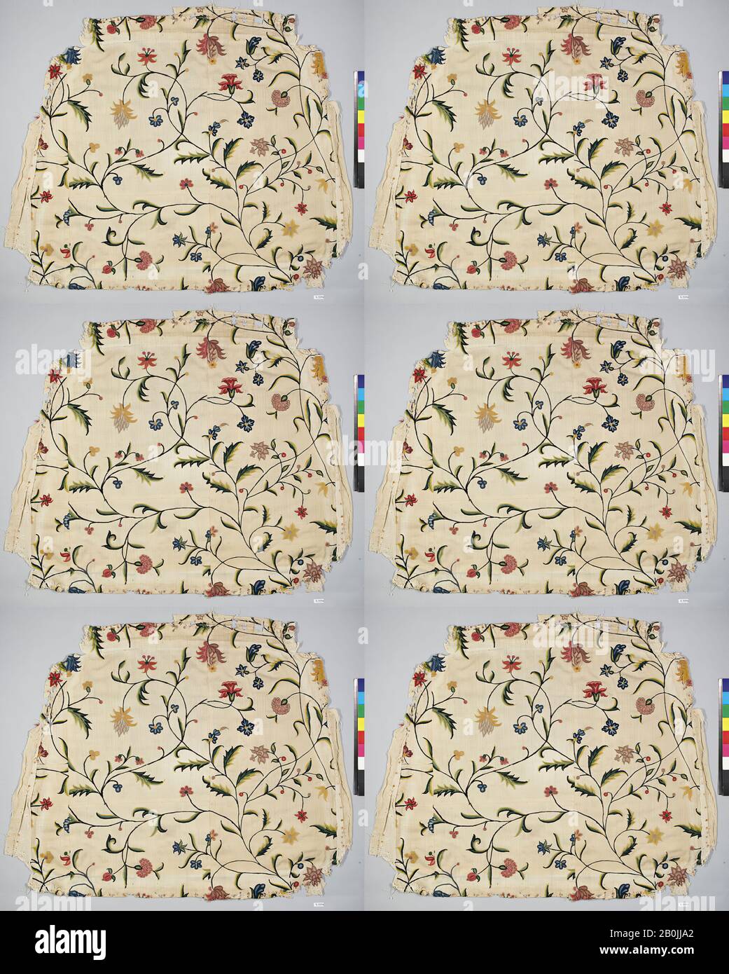 Copriselle per sedie (set di quattro), francese, 18th secolo, francese, lino, lana, a: L. 20 x W. 24 pollici (50,8 x 61 cm); b: L. 19 x 23-1/2 pollici (48,3 x 59,7 cm); c: L. 21 x 23-3/4 pollici (53,3 x 59,7 cm); d: L. 45,7 x 57,2 cm, Ricamato con tessuti Foto Stock