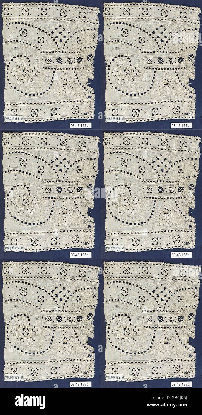 Frammento, italiano, fine 16th secolo, italiano, Cutwork, L. 6 1/2 x W. 16 1/2 pollici, 16.5 x 41.9 cm, Textiles-Laces Foto Stock