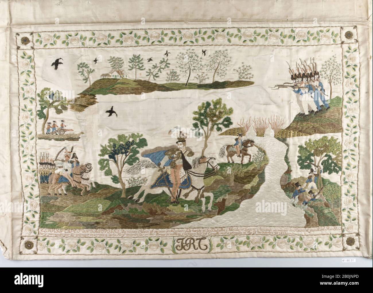 Relativo ad una pittura o litografia da Horace Vernet, Morte del principe Joseph Poniatowski (1763–1813), spagnolo, Relativo ad una pittura o litografia da Horace Vernet (francese, Parigi 1789–1863 Parigi), inizio 19th secolo, spagnolo, seta e filo metallico su seta, H. 18 1/2 x W. 27 1/4 pollici (47 x 69,2 cm), tessile Ricamato Foto Stock