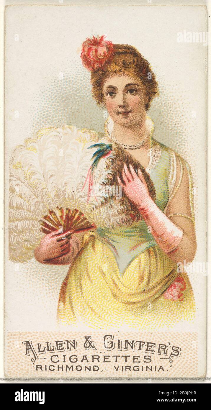 Pubblicato da Allen & Ginter, Piastra 9, dai Fan Della serie D'Epoca (N7) per Allen & Ginter Sigarette Brands, Schumacher & Ettlinger (New York), 1889, litografia commerciale a colori, foglio: 2 3/4 x 1 1/2 in. (7 x 3,8 cm Foto Stock