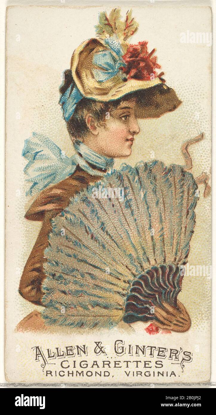 Pubblicato da Allen & Ginter, Piastra 21, dai Fan Della serie D'Epoca (N7) per Allen & Ginter Sigarette Brands, Schumacher & Ettlinger (New York), 1889, litografia commerciale a colori, foglio: 2 3/4 x 1 1/2 in. (7 x 3,8 cm Foto Stock