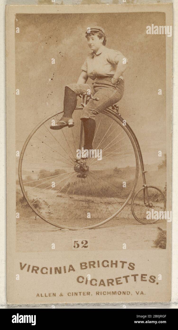 Pubblicato da Allen & Ginter, scheda 52, dalla serie di Ciclisti della ragazza (N49) per Le Sigarette di Virginia Brights, 1887, fotografia Di Albumen, foglio: 2 3/4 x 1 3/8 in. (7 x 3,5 cm Foto Stock