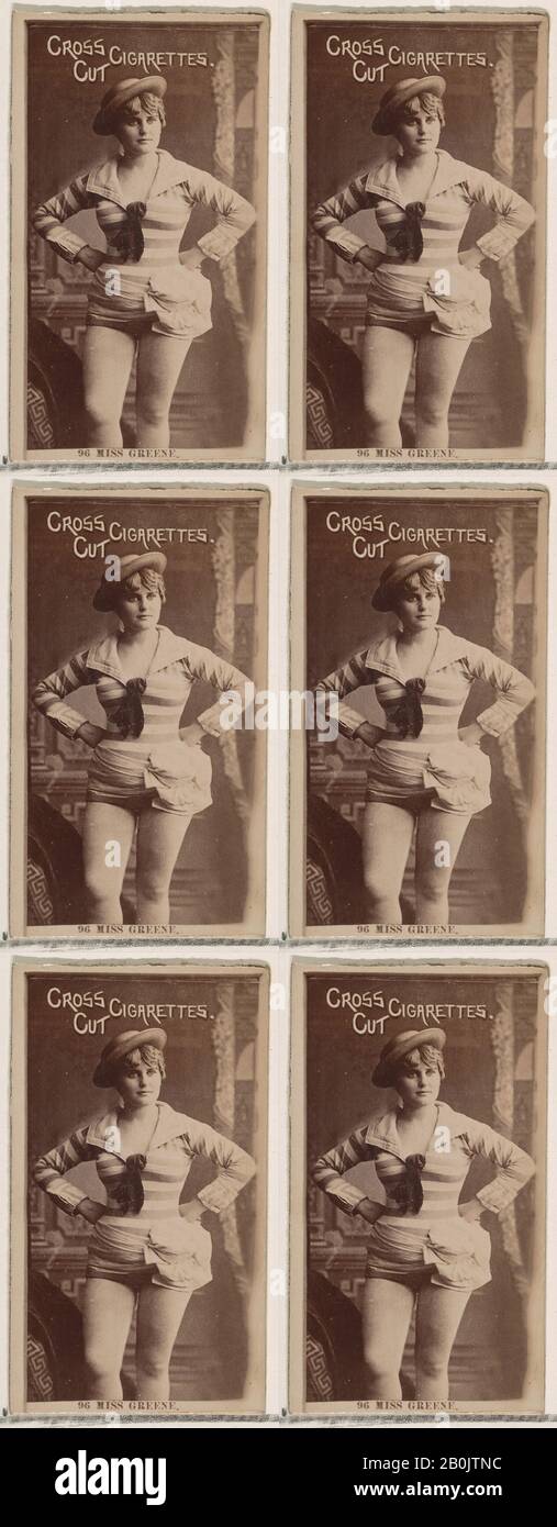Pubblicato da W. Duke, Sons & Co., numero di carta 96, Miss Greene, dagli Attori e Attrici serie (N145-2) rilasciato da Duke Sons & Co. Per promuovere Cross Cut Sigarette, 1880s, Albumen fotografia, foglio: 2 5/8 × 1 7/16 in. (6,6 × 3,7 cm Foto Stock