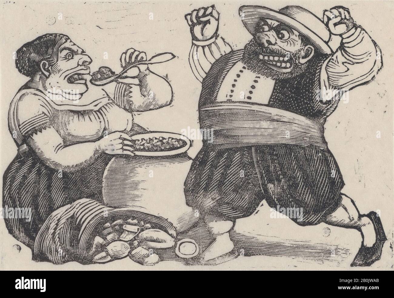 José Guadalupe Posada, una donna che mangia e un uomo che la affronta con un'espressione arrabbiata e ha sollevato pugni, da un lato intitolato 'Loa dicha por Sancho Panza y Doña Cenobia en Honor de la Pureza de Maria Santissima', José Guadalupe Posada (messicano, 1851–1913), ca. 1880-1910, Attacco su zinco, foglio: 3 7/16 × 5 1/8 in. (8,8 × 13 cm), stampe Foto Stock