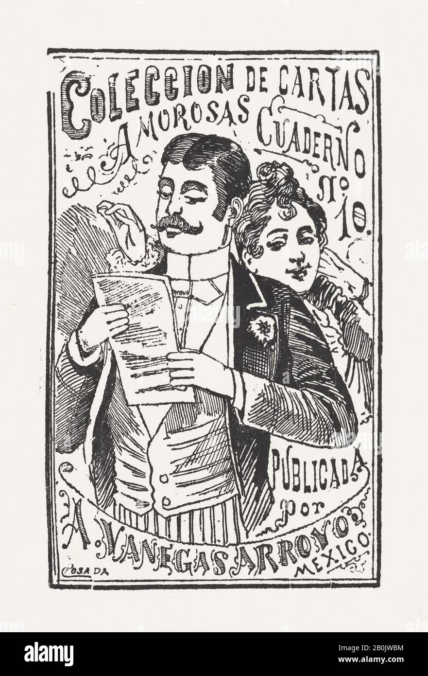 José Guadalupe Posada, una donna che guarda la spalla di un uomo alla lettera in mano, illustrazione per 'Coleccion de Cartas Amorosas Cuaderno No. 10,' pubblicato da Antonio Vanegas Arroyo, José Guadalupe Posada (messicano, 1851–1913), ca. 1880–1910, incisione in legno, foglio: 6 1/2 × 4 1/16 in. (16,5 × 10,3 cm), immagine: 5 1/2 × 3 3/8 in. (14 × 8,5 cm), stampe Foto Stock