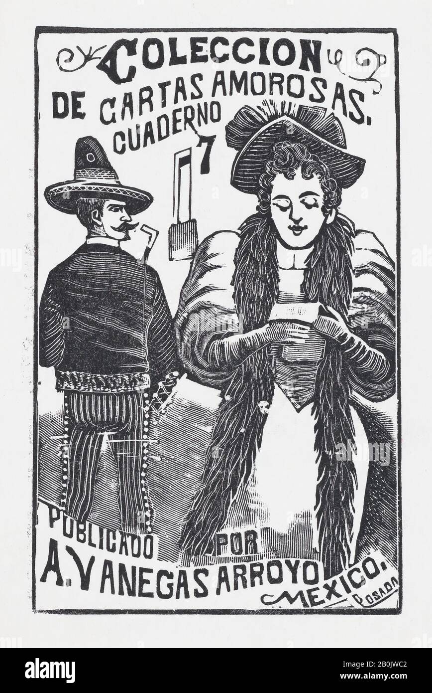 José Guadalupe Posada, una donna che legge una nota mentre un uomo sullo sfondo guarda sopra la sua spalla a lei, illustrazione per 'Coleccion de Cartas Amorosas Cuaderno No. 7,' pubblicato da Antonio Vanegas Arroyo, José Guadalupe Posada (messicano, 1851–1913), ca. 1880–1910, incisione su legno, immagine: 5 5/16 × 3 7/16 in. (13,5 × 8,8 cm), stampe Foto Stock