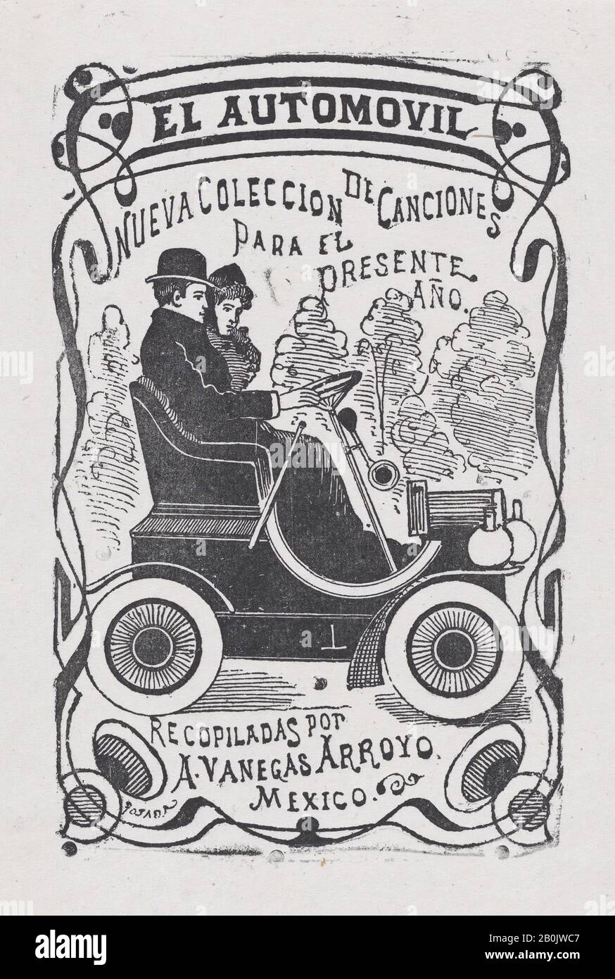 José Guadalupe Posada, una coppia seduto in un'automobile, illustrazione per ' El Automóvil,' pubblicita da Antonio Vanegas Arroyo, José Guadalupe Posada (messicano, 1851-1913), ca. 1880–1910, incisione su legno, immagine: 5 3/16 × 3 3/8 in. (13,2 × 8,5 cm), stampe Foto Stock