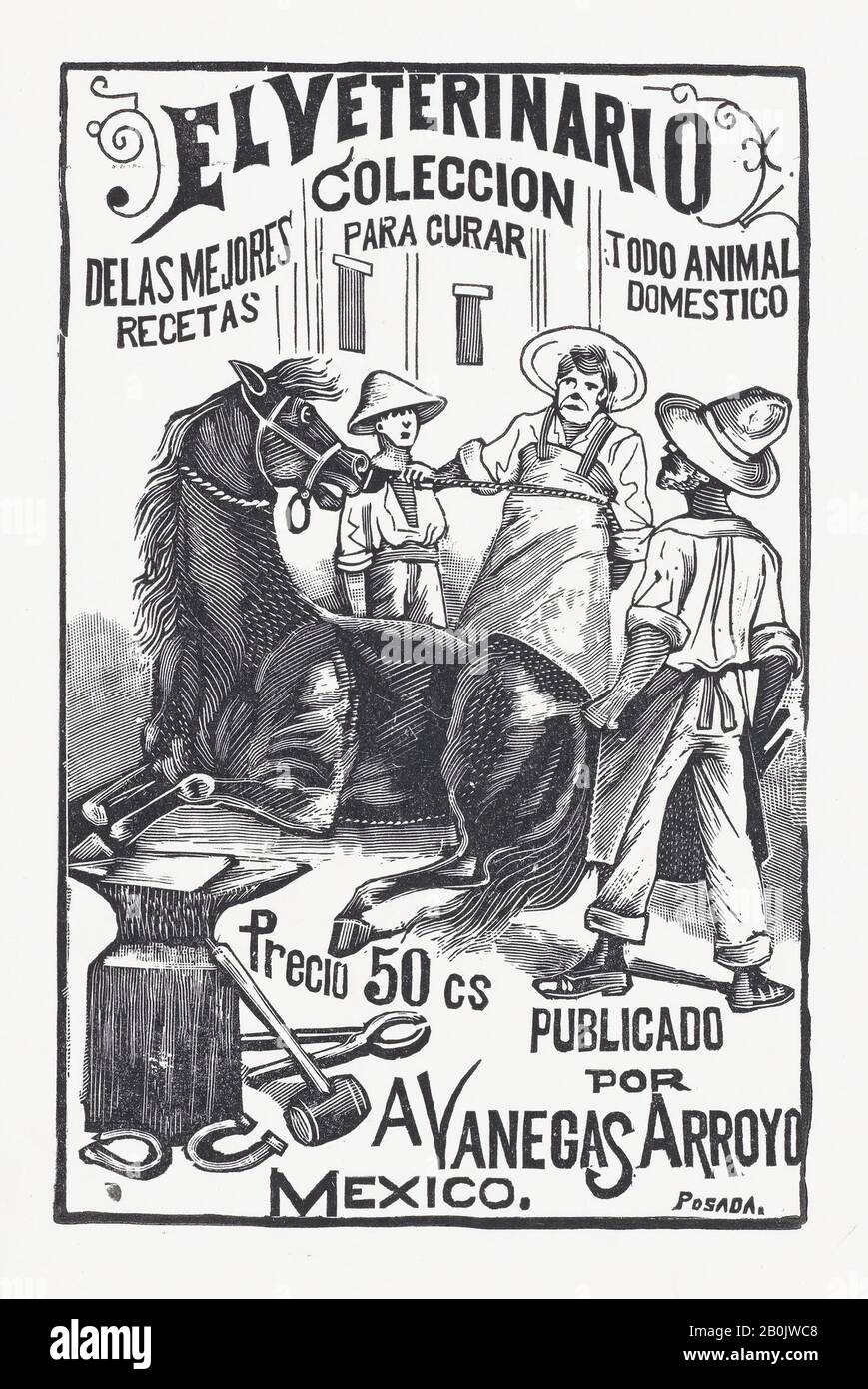 José Guadalupe Posada, un gruppo di persone che circondano un cavallo, illustrazione per 'El Veterinario (The Veterinario: Raccolta delle migliori prescrizioni per la cura di tutti gli animali domestici)' pubblicato da Antonio Vanegas Arroyo, José Guadalupe Posada (messicano, 1851–1913), ca. 1880–1910, incisione in legno, foglio: 5 13/16 × 3 15/16 in. (14,8 × 10 cm), immagine: 5 1/8 × 3 3/8 in. (13 × 8,5 cm), stampe Foto Stock