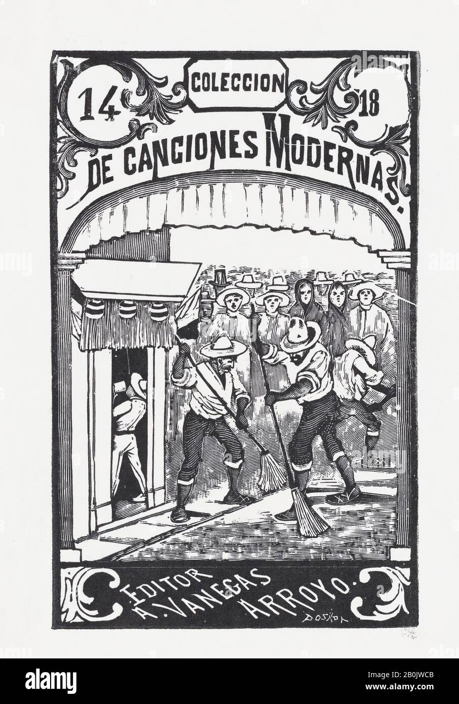 José Guadalupe Posada, Due uomini che spazzano la strada, mentre una folla di persone in background guardare, illustrazione per 'Coleccion de Canciones Modernas Cuaderno No. 14,' a cura di Antonio Vanegas Arroyo, José Guadalupe Posada (messicano, 1851–1913), ca. 1880–1910, incisione su legno, immagine: 5 5/16 × 3 7/16 in. (13,5 × 8,7 cm), stampe Foto Stock
