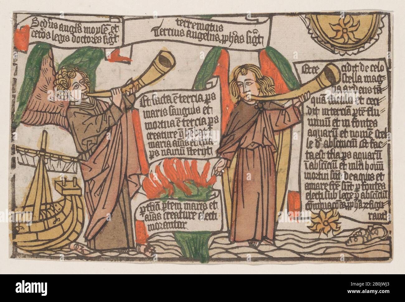 Anonimo, Tedesco, 15th secolo, la montagna e la stella Cadono nel mare, illustrazione dall'Apotalypsis Sancti Johannis, Block Book, 4th edizione, Anonymous, Tedesco, 15th secolo, 1460–1470, Woodcut con colorazione a mano, foglio: 5 1/16 × 7 13/16 in. (12,8 × 19,9 cm), stampe Foto Stock