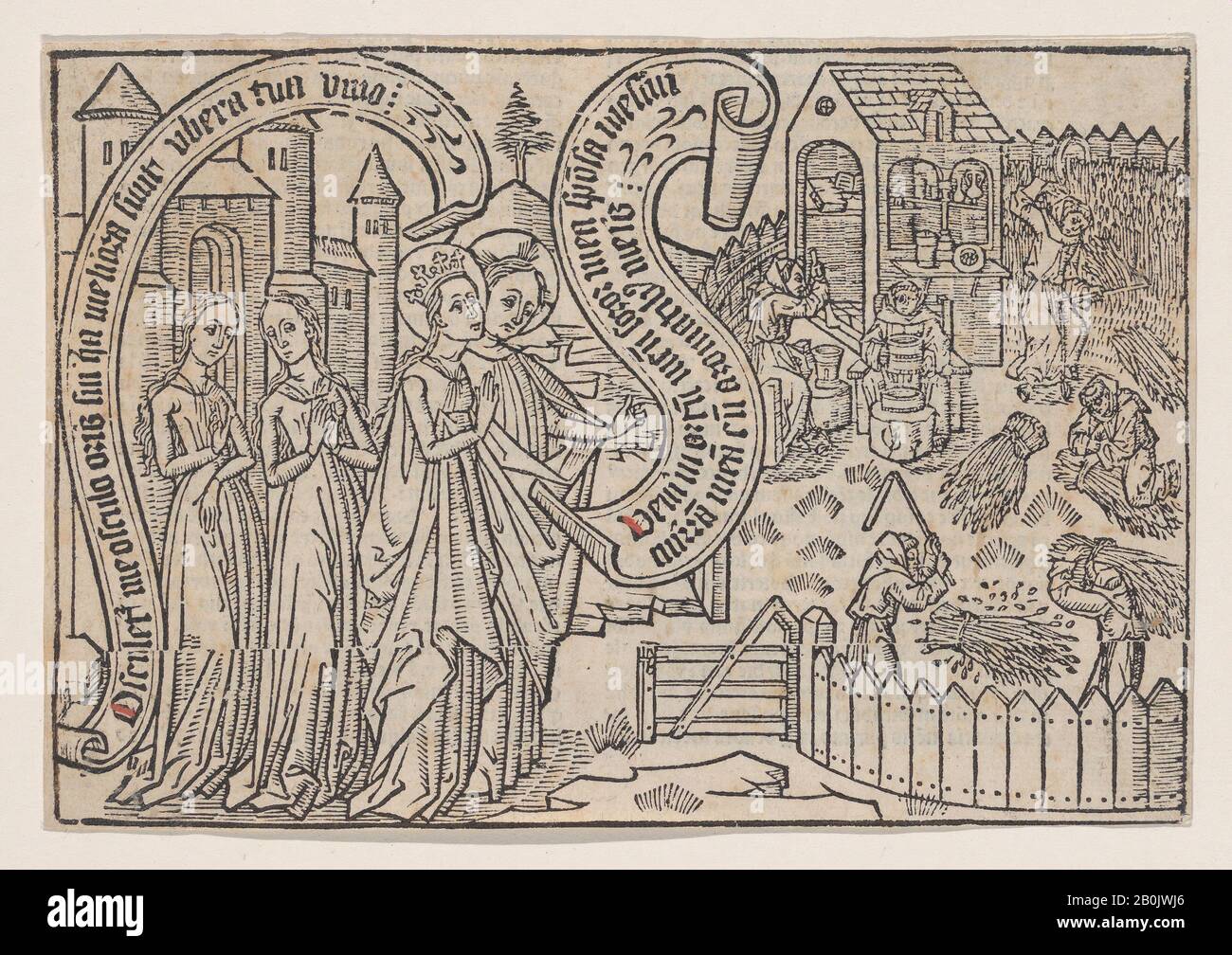 Anonimo, Netherlandish, 15th secolo, lo Sposo Che Mostra la sposa Sua Terra, da un blockbook di Canticum Canticorum, 1st edizione, Anonimo, Netherlandish, 15th secolo, ca. 1460/1465, legno tagliato con tocchi di gouache rosso; verso con testo letterpress con tocchi di gouache rosso, foglio: 5 poll. × 7 1/4 poll. (12,7 × 18,4 cm), immagine: 4 15/16 × 7 3/16 in. (12,5 × 18,2 cm), stampe Foto Stock