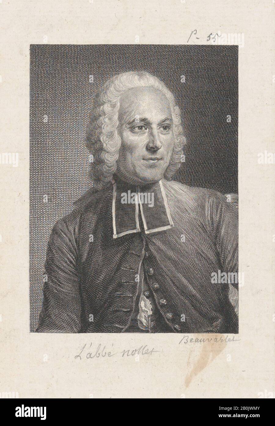 Jacques Firmin Beauvarlet, Ritratto Di Jean Antoine Nollet, Dopo Maurice Quentin De La Tour (Francese, Saint-Quentin 1704–1788 Saint-Quentin), 1750–95, Attacco, Monte: 11 3/16 In. × 7 1/2 in. (28,4 × 19 cm), foglio: 4 1/8 in. × 6 poll. (10,5 × 15,2 cm), immagine: 4 3/16 in. × 3 poll. (10,6 × 7,6 cm), stampe Foto Stock