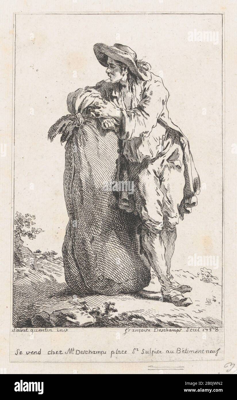 Catherine-Francoise Beauvarlet, Peasant Leaning Su Un Sacco Di Grano, Catherine-Francoise Beauvarlet (Parigi 1737–1769 Parigi), Dopo Jacques Philippe Joseph De Saint Quentin (Parigi, 1738), 1758, Acquaforte, Foglio (Rifilato): 4 1/8 × 6 3/4 In. (10,5 × 17,2 cm), stampe Foto Stock