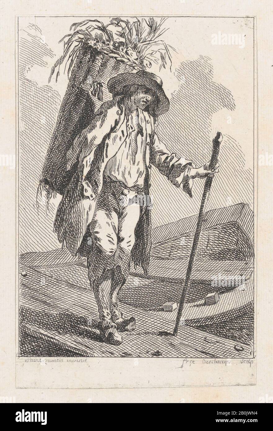 Catherine-Francoise Beauvarlet, Cavalletto Con Personale E Cestino, Catherine-Francoise Beauvarlet (Francese, Parigi 1737-1769 Parigi), Dopo Jacques Philippe Joseph De Saint Quentin (Francese, Parigi, 1738), Ca. 1758, Incisione, foglio (rifilato): 4 1/4 × 6 9/16 in. (10,8 × 16,7 cm), stampe Foto Stock