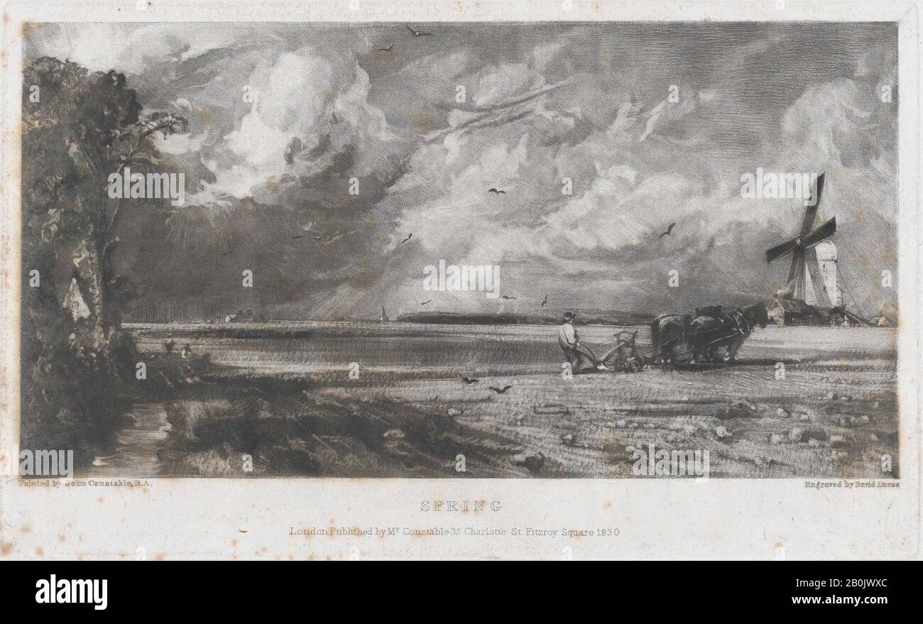 David Lucas, Spring, David Lucas (British, Northamptonshire 1802–1881 Londra), Dopo John Constable (British, East Bergholt 1776–1837 Hampstead), 1830, Mezzotint; Primo Stato Di Cinque, Immagine: 5 Pollici. × 9 11/16 poll. (12,7 × 24,6 cm), Piastra: 6 1/8 × 10 1/8 in. (15,6 × 25,7 cm), foglio: 11 5/8 × 17 1/4 in. (29,5 × 43,8 cm), stampe Foto Stock