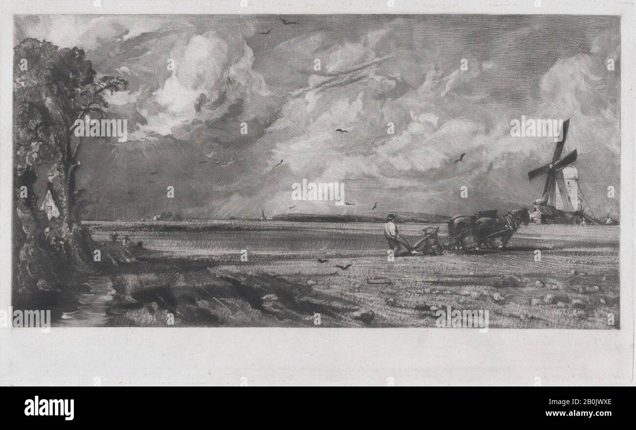 David Lucas, Spring, David Lucas (British, Northamptonshire 1802–1881 Londra), Dopo John Constable (British, East Bergholt 1776–1837 Hampstead), 1829, Mezzotint; Prova Prima Dello Stato Pubblicato, Immagine: 5 In. × 9 5/8 in. (12,7 × 24,4 cm), Piastra: 6 1/16 × 10 1/16 in. (15,4 × 25,6 cm), foglio: 8 3/4 × 15 3/16 in. (22,2 × 38,6 cm), stampe Foto Stock