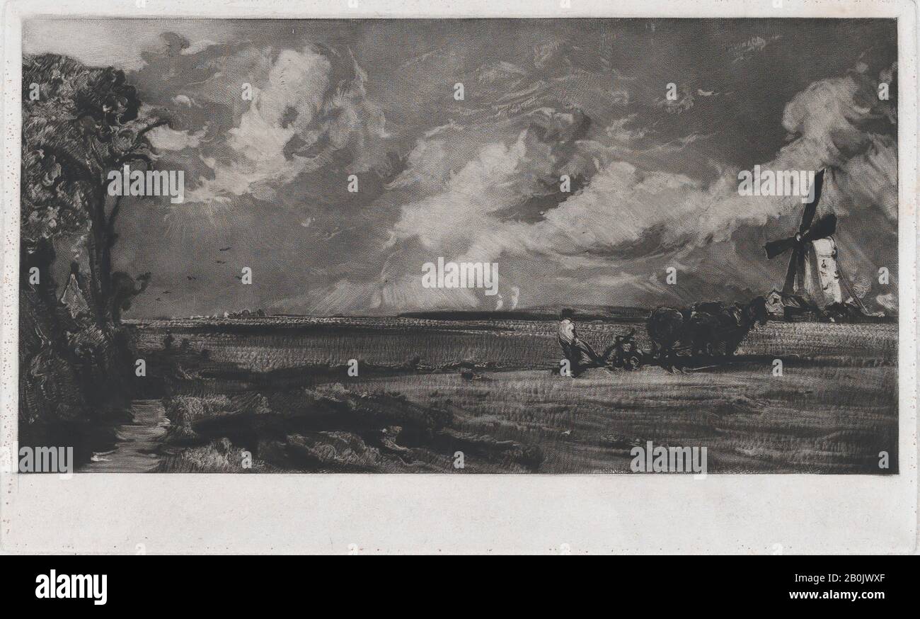 David Lucas, Spring, David Lucas (British, Northamptonshire 1802–1881 Londra), Dopo John Constable (British, East Bergholt 1776–1837 Hampstead), 1829, Mezzotint; Prova Prima Dello Stato Pubblicato, Immagine: 5 In. × 9 11/16 poll. (12,7 × 24,6 cm), Piastra: 6 1/8 × 10 1/8 in. (15,6 × 25,7 cm), foglio: 10 1/2 × 15 7/8 in. (26,7 × 40,3 cm), stampe Foto Stock