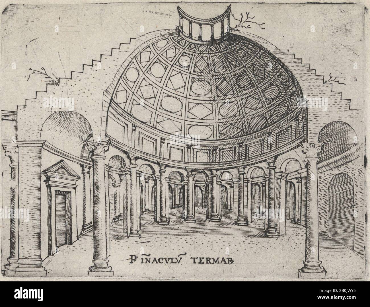 Anonimo, Italiano, 16th secolo, Pinaculu Termar (sic), da una serie di 24 Edifici Raffiguranti (Ricostruiti) L'antichità romana, Anonymous, Italiano, 16th secolo, precedentemente attribuito al Maestro G.A. (italiano, attivo ca. 1535), Piastra ca. 1530–50, incisione, foglio: 13 3/8 × 9 5/16 in. (34 × 23,6 cm Foto Stock