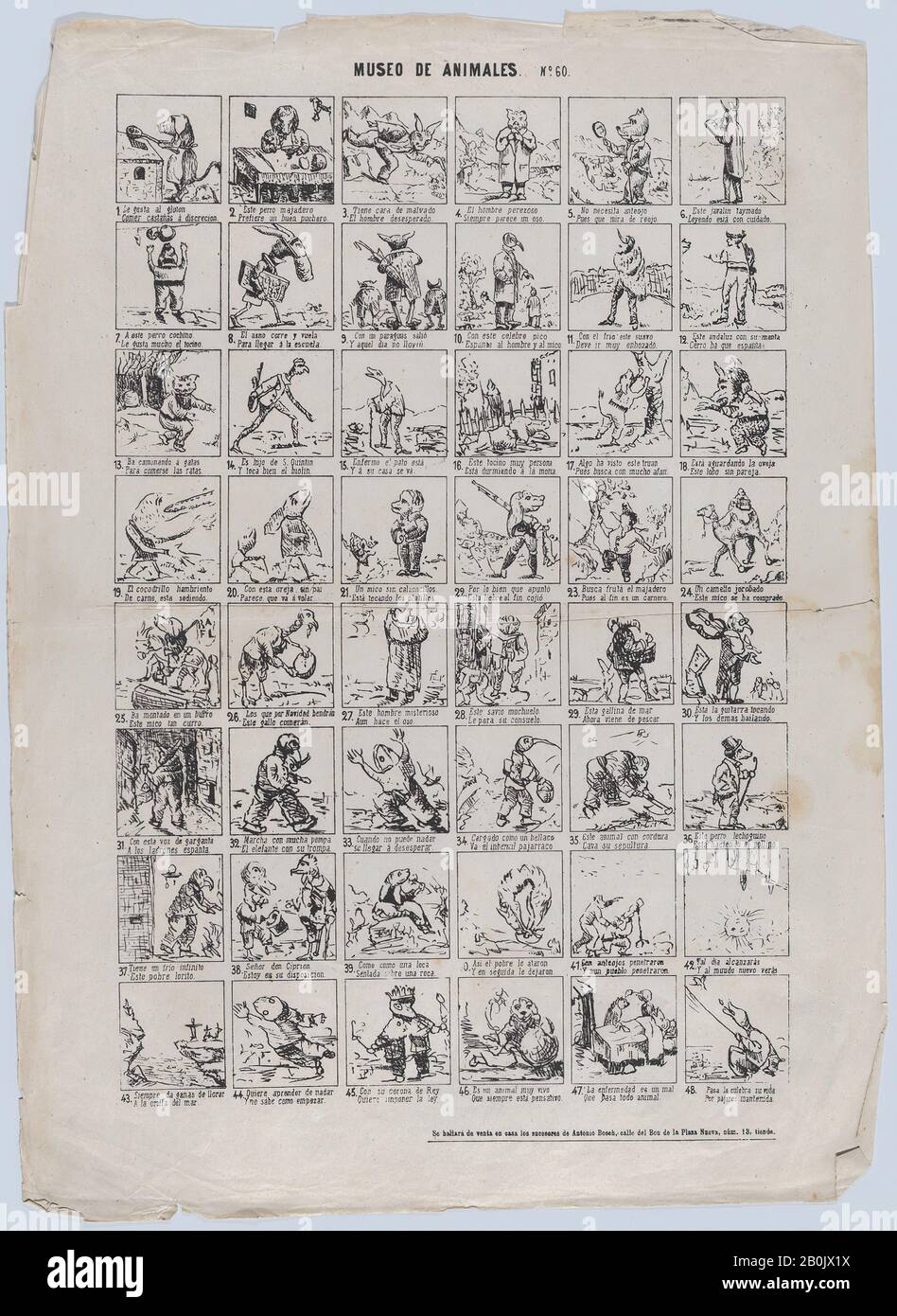 Antonio Bosch, Broadside con 48 scene del museo degli animali, ca. 1860–1870, Acquaforte (foto rilievo?), foglio: 17 5/16 × 12 3/16 in. (44 × 31 cm), stampe Foto Stock