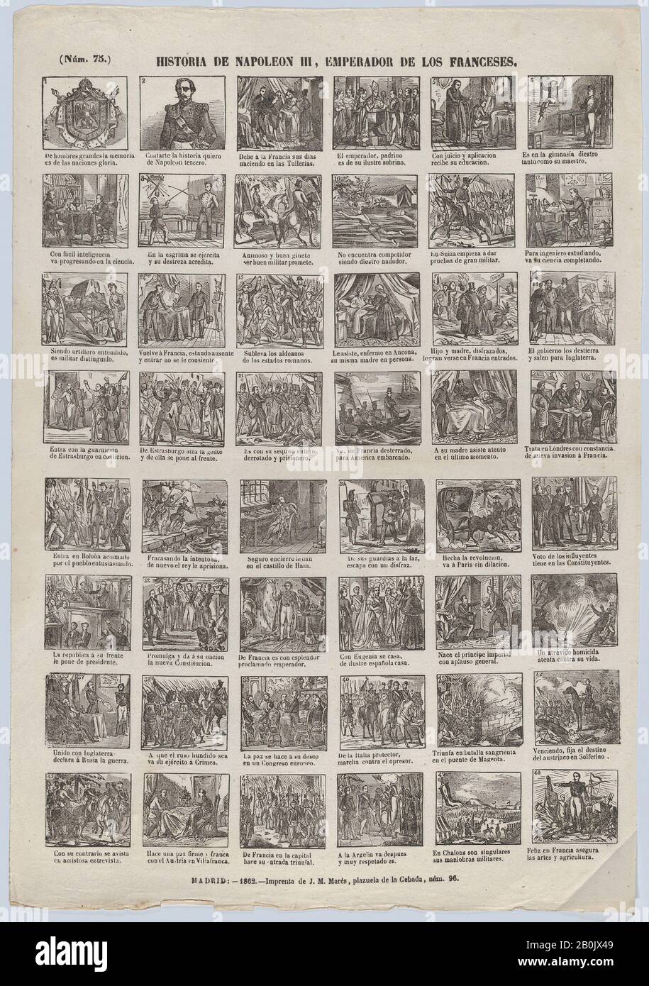 José María Marés, Broadside con 48 scene raffiguranti episodi della vita di Napoleone II, 1862, incisione del legno, foglio: 17 5/16 × 11 13/16 in. (44 × 30 cm), stampe Foto Stock