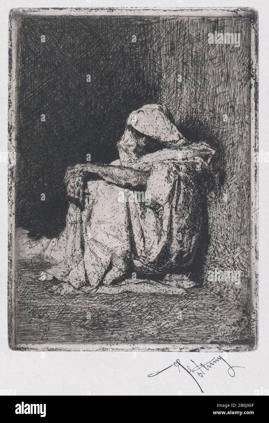 Mariano Fortuny, 1838–1874, un uomo marocchino seduto a terra, Mariano Fortuny, 1838–1874 (spagnolo, 1838–1874), ca. 1860–70, Incisione, foglio: 12 5/8 × 9 7/16 in. (32 × 24 cm), Piastra: 5 1/2 × 3 15/16 in. (14 × 10 cm), stampe Foto Stock