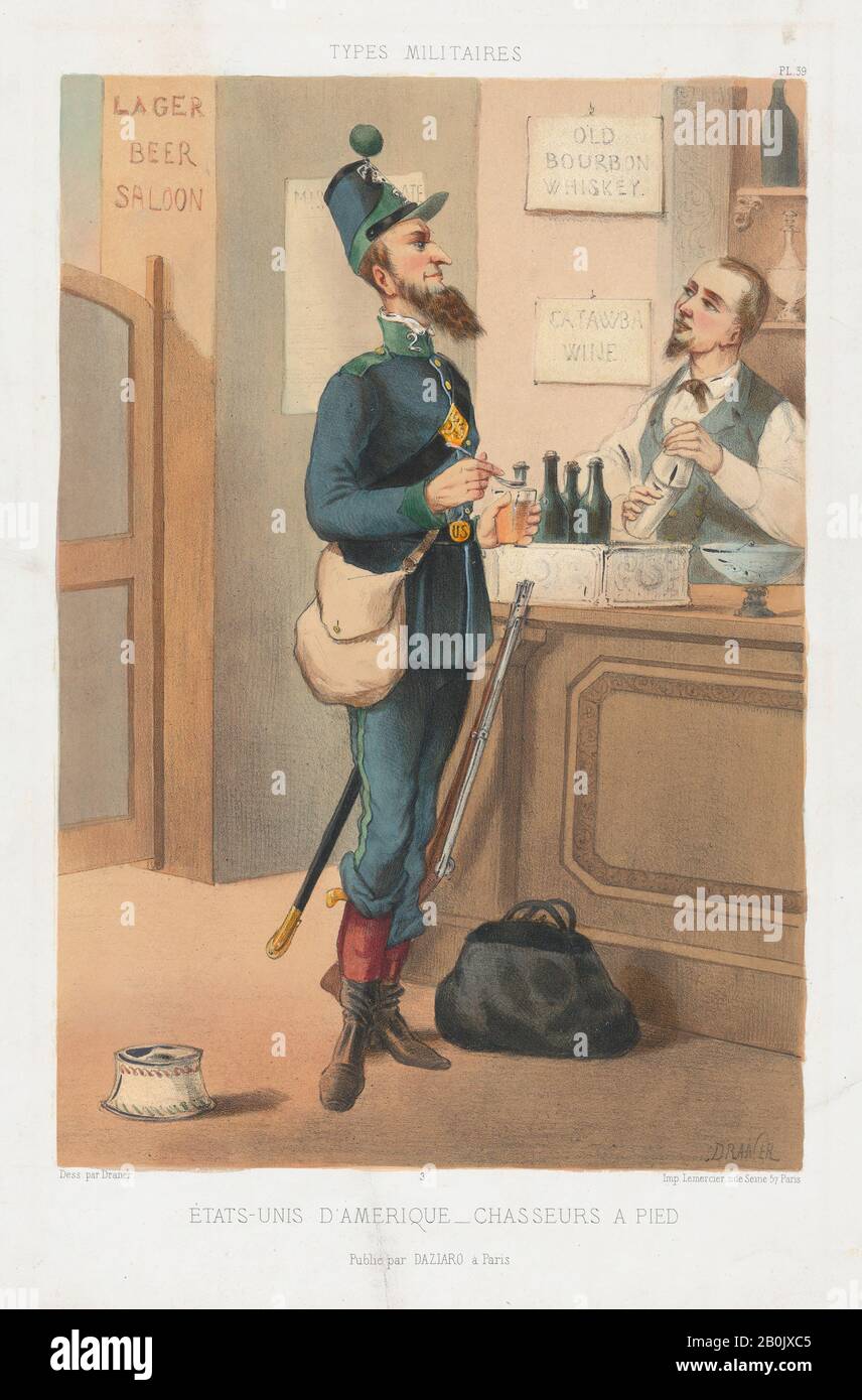 Draner, Étast-Unis d'Amerique - Chasseurs à Pied, Draner (francese, 19th secolo), 1865, litografia con pietra di pietra e mano da colorare, immagine: 11 3/4 x 7 15/16 in. (29,9 x 20,1 cm), foglio: 17 11/16 x 12 3/8 in. (45 x 31,5 cm), stampe Foto Stock