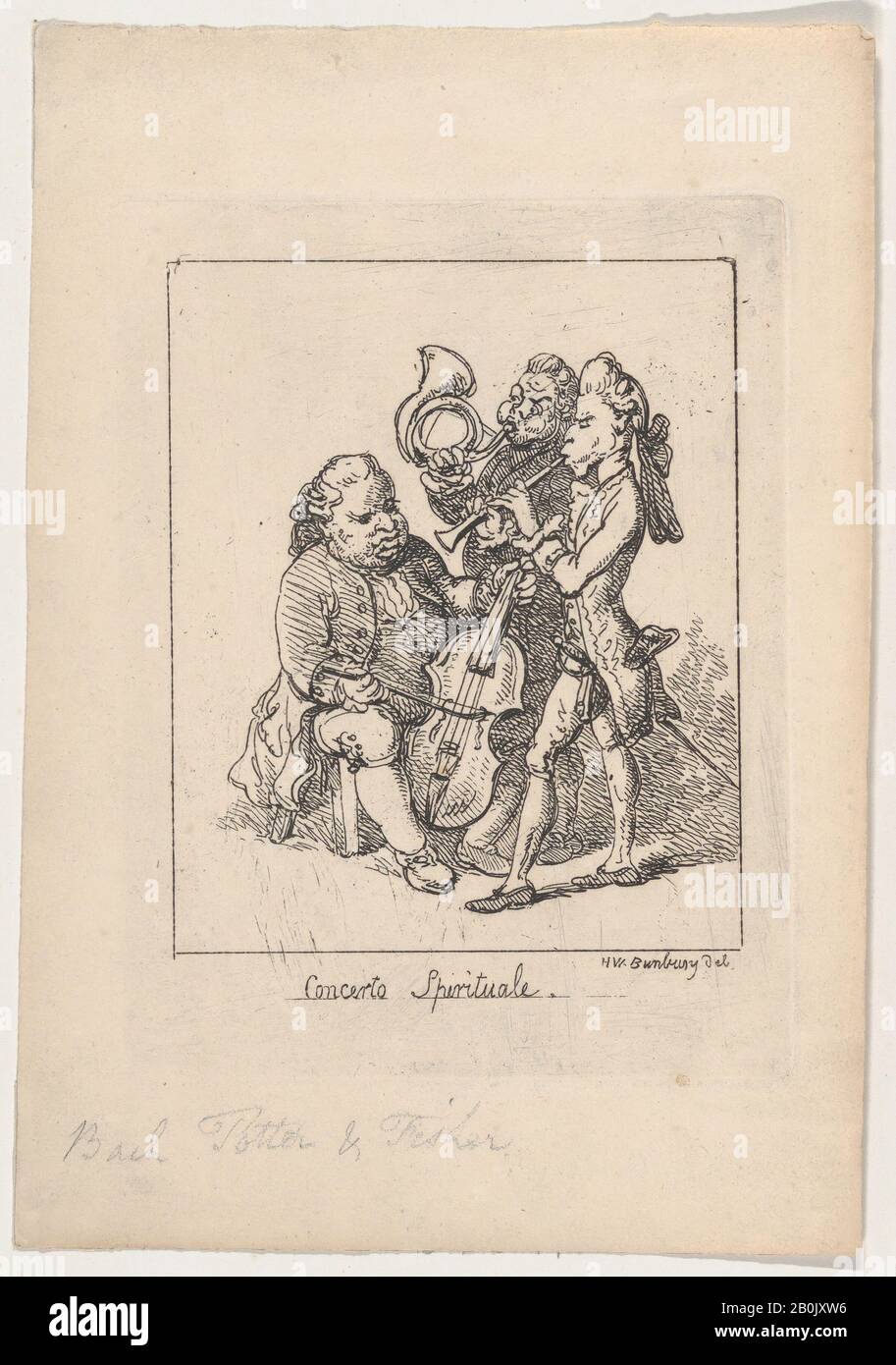 Dopo Henry William Bunbury, Concerto Spirituale, Dopo Henry William Bunbury (British, Mildenhall, Suffolk 1750–1811 Keswick, Cumberland), Probabilmente Rappresenta Carl Friedrich Abel (Tedesco, Cöthen 1723–1787 Londra), Forse Rappresenta Johann Christian Bach (Tedesco, 1735–1782), Probabilmente Rappresenta Johann Christian Fisher (Tedesco, Ca. 1733-1800), probabilmente rappresenta Giovanni punto (Boemia, 1746-1803), ca. 1803 (?), Incisione, Piastra: 5 1/2 × 4 1/8 in. (13,9 × 10,4 cm), foglio: 7 11/16 × 5 1/4 in. (19,5 × 13,3 cm), stampe Foto Stock