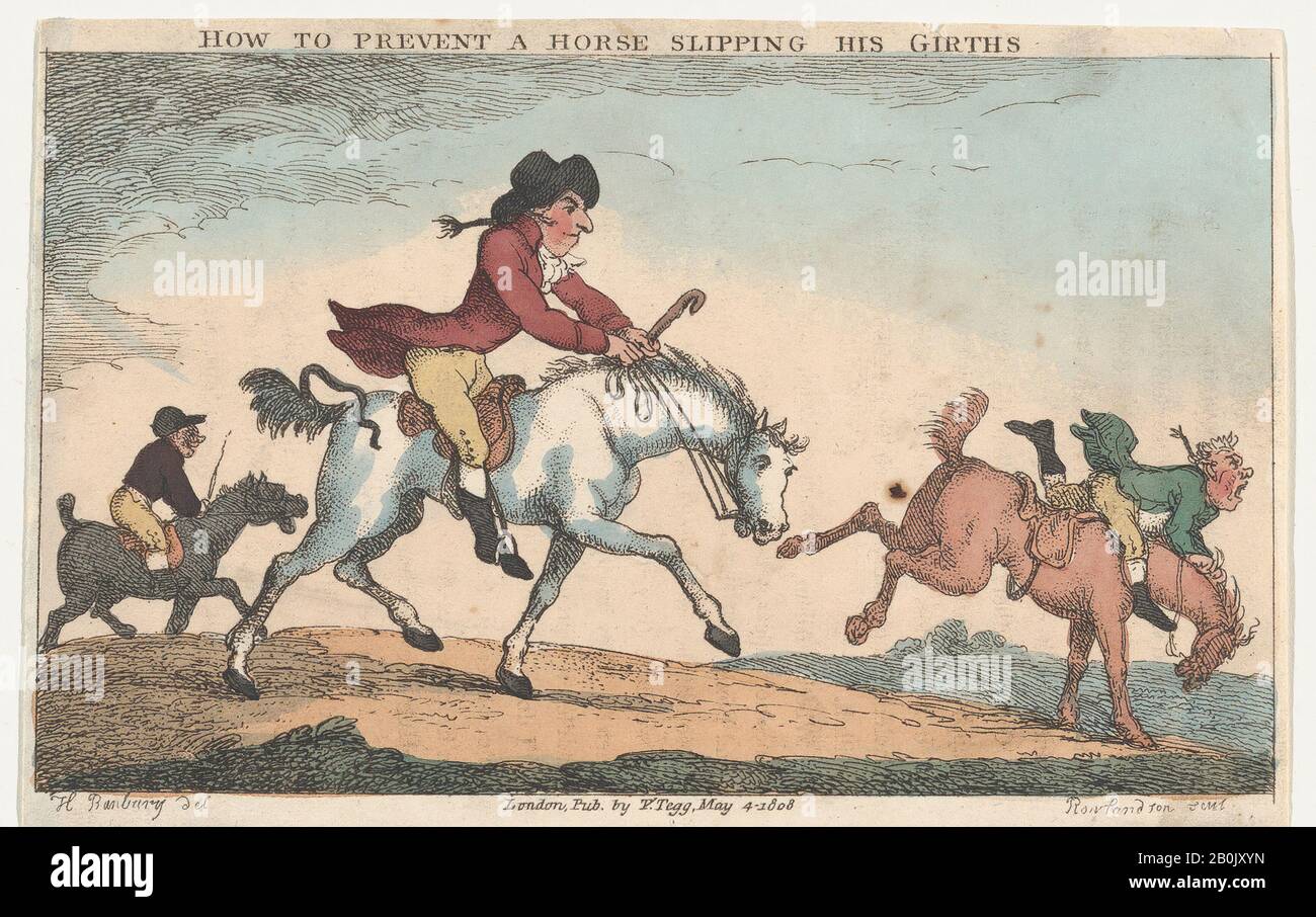 Thomas Rowlandson, Come Impedire A Un Cavallo Di Scivolare I Suoi Girths, L'Accademia Per I Cavalli Adulti, E Gli Annali Di Horsemanship, Dopo Henry William Bunbury (Britannico, Mildenhall, Suffolk 1750–1811 Keswick, Cumberland), 4 Maggio 1808, Incisione A Mano-Colorata, Foglio: 3 3/4 × 5 13/16 In. (9,5 × 14,7 cm), stampe Foto Stock