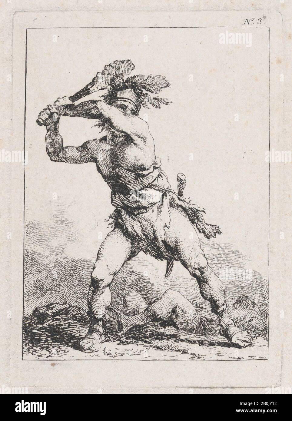Philippe Jacques De Loutherbourg, Savage Solider Swinging A Club, First Suite Of Soldiers, P. 3, Philippe Jacques De Loutherbourg (Francese, Strasburgo 1740–1812 Londra), 1755–71, Acquaforte, Immagine: 4 3/16 × 3 1/8 In. (10,7 × 7,9 cm), Piastra: 4 13/16 × 3 7/16 in. (12,2 × 8,8 cm), foglio: 5 13/16 × 3 3/4 in. (14,8 × 9,5 cm), stampe Foto Stock