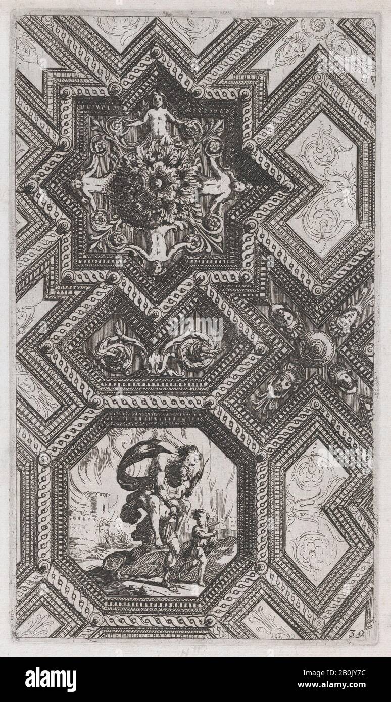 Attribuito a Jacques LePautre, Soffitto Design, pl. 39, Curieuses recherches de plusieurs beaus morceaus d'ornemens antiques et modernes, Attribuito a Jacques LePautre (francese, ca. 1653–ca. 1684), Dopo Adam Philippon (francese, attivo 1640–50), 1645, Incisione, Piastra: 9 3/16 x 5 5/16 in. (23,3 x 13,5 cm), foglio: 11 1/8 x 7 5/16 in. (28,3 x 18,6 cm Foto Stock