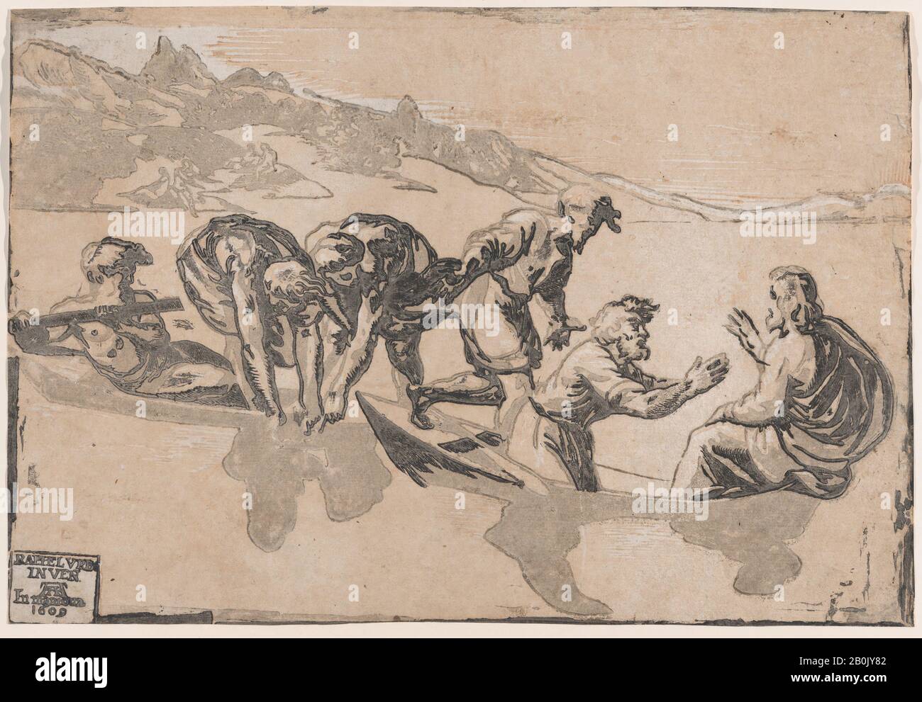 Ugo da Carpi, il Miracolo Dei Pesci, dopo Raffaello, Ugo da Carpi (italiano, Carpi ca. 1480–1532 Bologna), Dopo Raffaello (Raffaello Sanzio o Santi) (Italia, Urbino 1483–1520 Roma), 1511–1520 (ripubblicato 1609), legno di Chiaroscuro tagliato in tre blocchi, foglio: 9 1/4 x 13 9/16 in. (23,5 x 34,5 cm), stampe Foto Stock