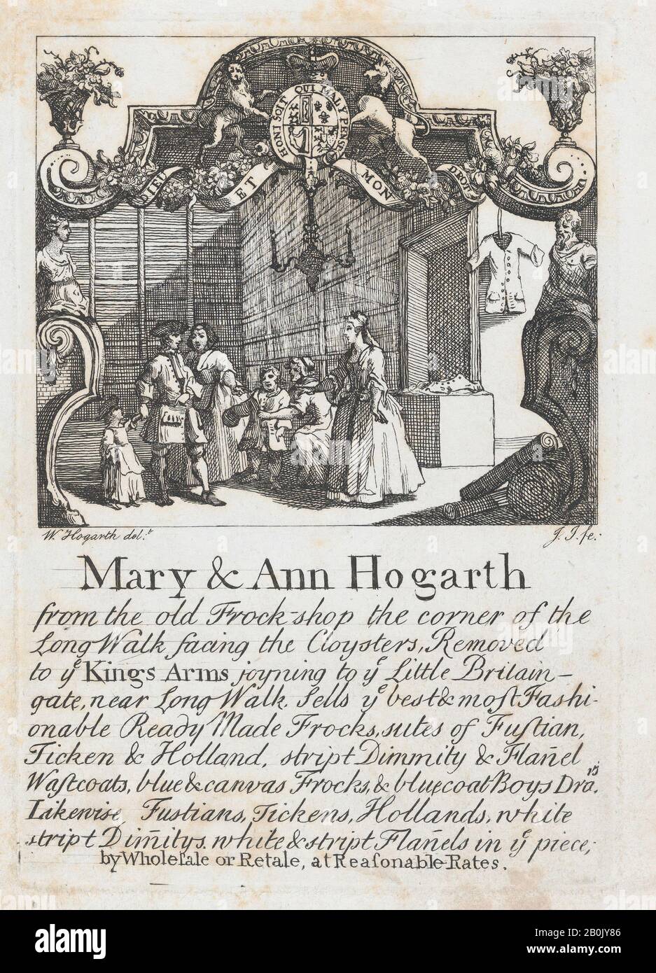 William Hogarth, Trade Card Di Mary & Ann Hogarth, Il Vecchio Frock Shop, William Hogarth (Londra 1697–1764 Londra), Mary Hogarth (Regno Unito, 1699–1741), Ann Hogarth (Regno Unito, 1701–1771), Ca. 1730, Acquaforte, foglio: 6 3/4 × 4 15/16 in. (17,2 × 12,5 cm), Piastra: 6 5/16 × 4 3/8 in. (16 × 11,1 cm Foto Stock