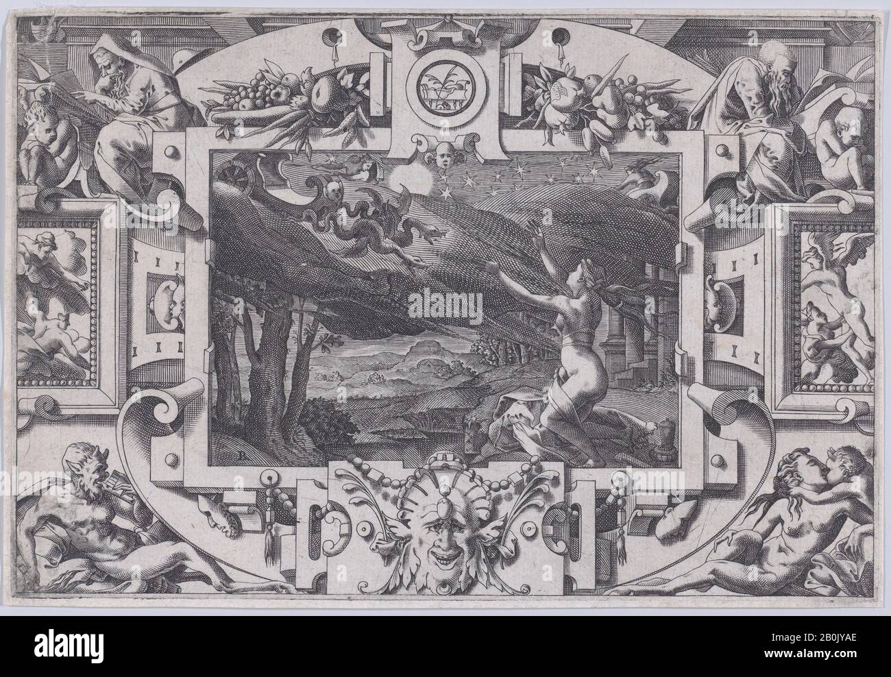 René Boyvin, Medea e Il Suo Chariot Disegnato da Dragons (Echevellée et nue par nuit brune, en lieu désert invoque astres et lune, ), Jason e il vello d'oro (Livre de la Conqueste de la Toison d'Or par le Prince Jason de Tessalie), René Boyvin (francese, Angers ca. 1525–1598 o 1625/6 Angers), Dopo Leonard Thiry (Netherlandish, attivo Fontainebleau ca. 1536–1550), 1563, incisione, foglio: 6 1/4 × 9 1/8 in. (15,8 × 23,2 cm), stampe Foto Stock
