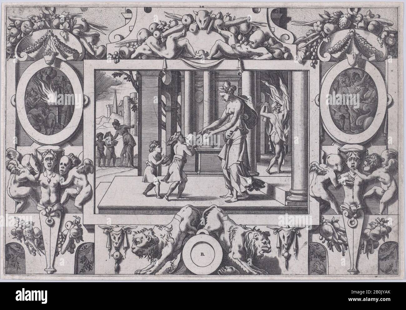 René Boyvin, i figli di Medea e Jason Danno a Creusa Il Presente fatale (Par ses deux fils à l'épouse nouvelle envoyé en don la couronne mortelle, ), Jason e il vello d'oro (Livre de la Conqueste de la Toison d'Or par le Prince Jason de Tessalie), René Boyvin (Francese, Angers ca. 1525–1598 o 1625/6 Angers), Dopo Leonard Thiry (Netherlandish, attivo Fontainebleau ca. 1536–1550), 1563, incisione, foglio: 6 5/16 × 9 3/16 in. (16 × 23,4 cm), stampe Foto Stock