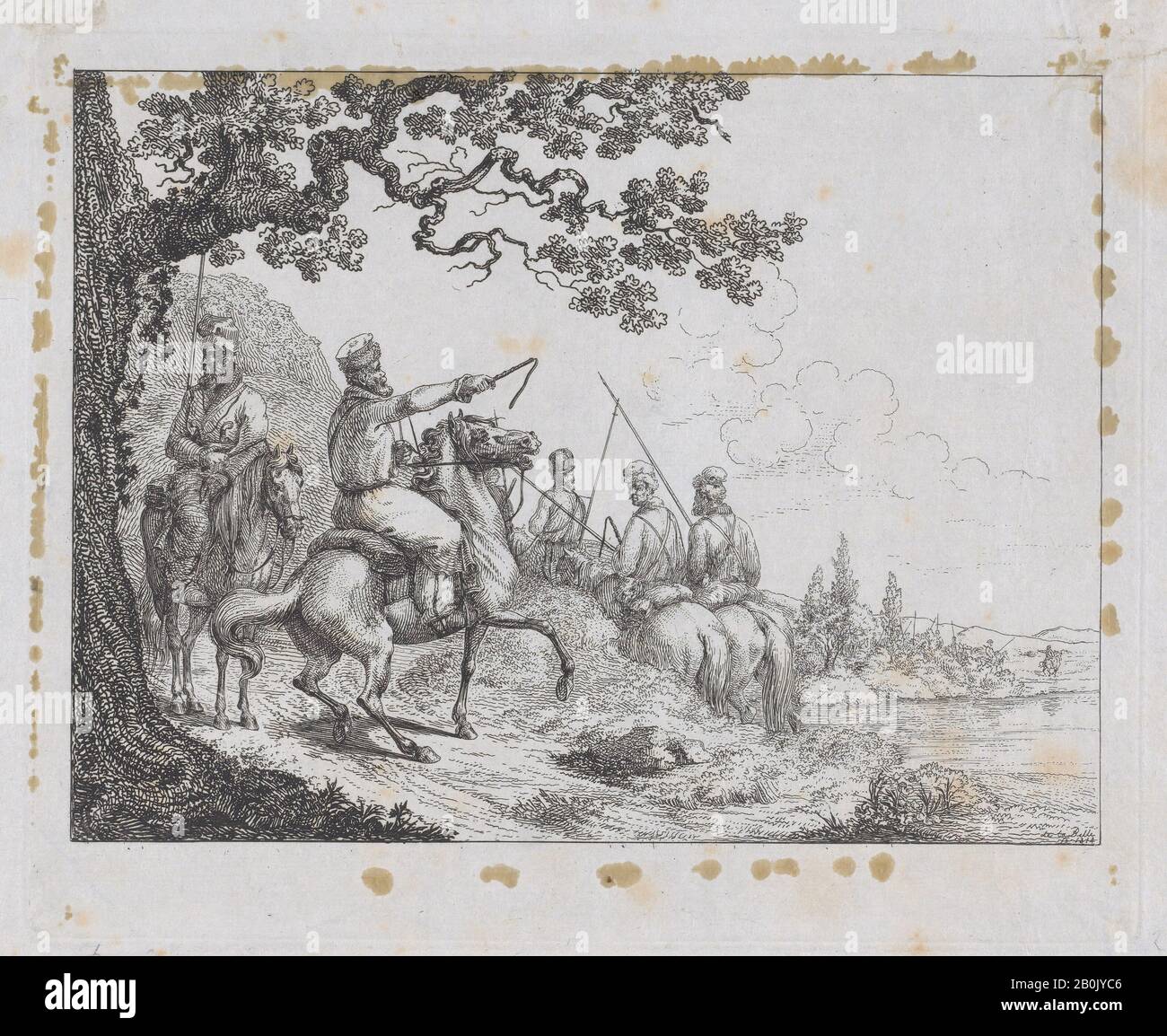 Friedrich August de la Belle, Cossacks in riva al fiume, Friedrich August de la Belle (tedesco, 1787–1845), 1814, Acquaforte, immagine: 4 15/16 × 6 9/16 in. (12,5 × 16,7 cm), Piastra: 5 13/16 × 7 1/8 in. (14,7 × 18,1 cm), foglio: 6 7/8 × 8 3/16 in. (17,4 × 20,8 cm), stampe Foto Stock