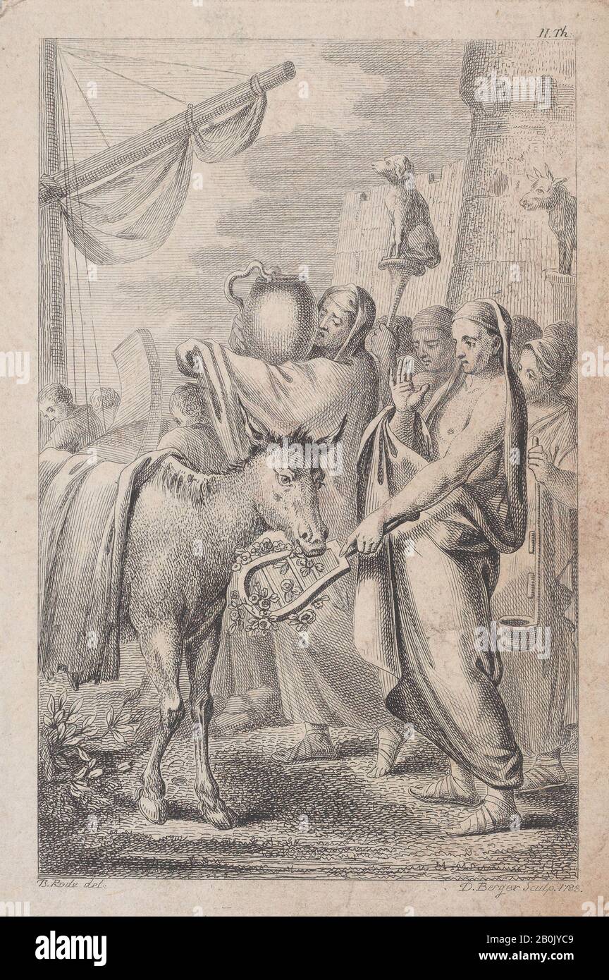 Daniel Berger, figure a destra vicino a una nave, alcuni che tengono sopra gli animali la loro testa, un cavallo a sinistra, Daniel Berger (tedesco, 1744–1824), Intermediary disegnatore Christian Bernhard Rode (tedesco, Berlino 1725–1797 Berlino), 1783, Incisione e Incisione, immagine: 5 1/16 × 3 1/4 in. (12,9 × 8,3 cm), foglio: 5 5/8 × 3 13/16 in. (14,3 × 9,7 cm), stampe Foto Stock