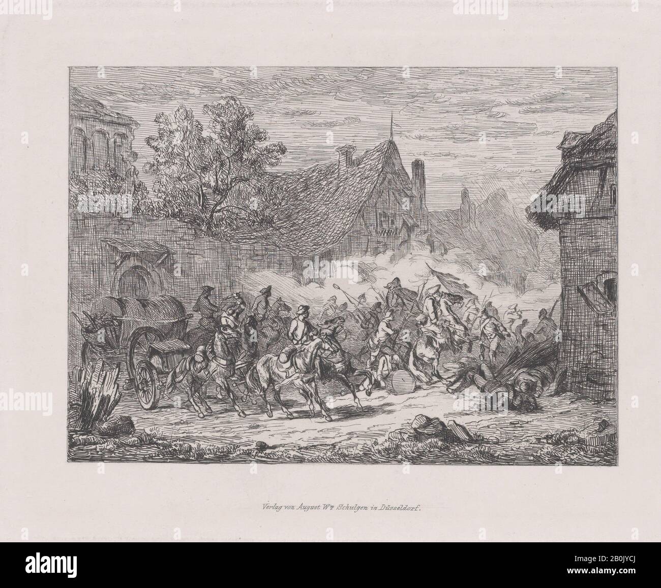 Agosto Beck, scena militare con una battaglia in un villaggio, agosto Beck (Svizzera, Basilea 1823–1872 Thun), ca. 1840–60, Incisione, Piastra: 5 1/2 × 7 1/16 in. (14 × 17,9 cm), foglio: 10 9/16 × 13 1/4 in. (26,9 × 33,7 cm), stampe Foto Stock