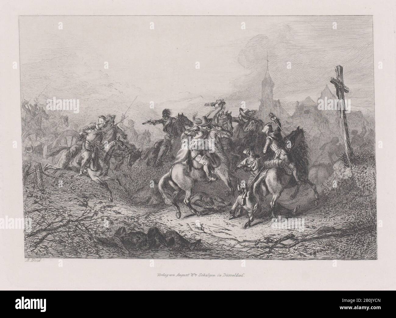 Agosto Beck, scena militare con una croce a destra, agosto Beck (Svizzera, Basilea 1823–1872 Thun), ca. 1840–60, Attacco Chimico, Piastra: 5 5/16 × 7 3/16 in. (13,5 × 18,2 cm), foglio: 9 1/2 × 13 3/8 in. (24,2 × 34 cm), stampe Foto Stock