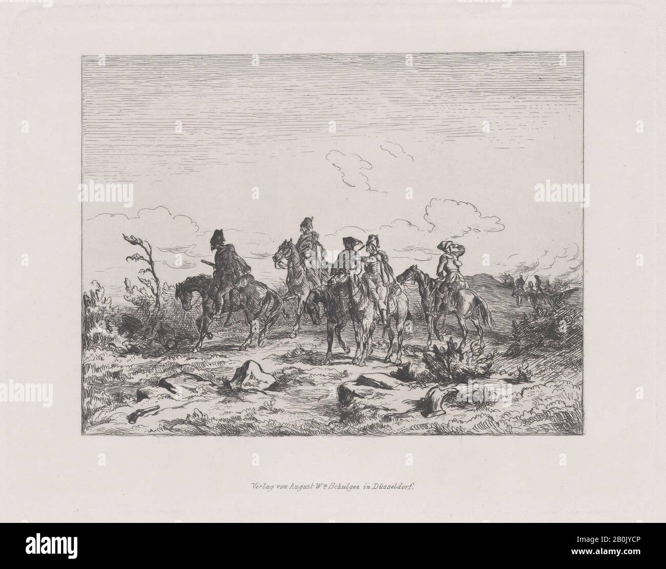 Agosto Beck, scena militare con cinque uomini a cavallo, agosto Beck (Svizzera, Basilea 1823–1872 Thun), ca. 1840–60, Incisione, Piastra: 5 1/16 × 6 7/16 in. (12,9 × 16,4 cm), foglio: 10 9/16 × 13 3/8 in. (26,9 × 33,9 cm), stampe Foto Stock