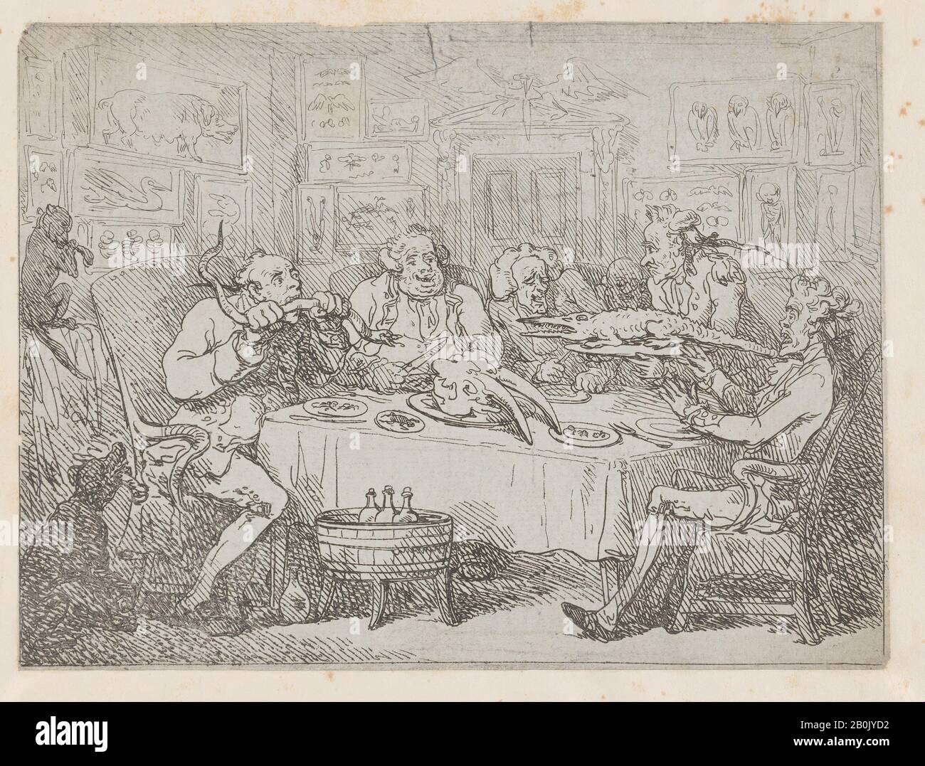 Thomas Rowlandson, The Banquet Scene: A Repast of the Acclimitative Order (Peter's Prophesy, o il presidente e Il Poeta), Thomas Rowlandson (British, London 1757–1827 London), Autore Correlato John Wolcot (British, 1738–1819), 11 gennaio 1787, Etching, Sheet (Tried): 6 1/4 × 8 3/8 in. (15,9 × 21,2 cm), stampe Foto Stock